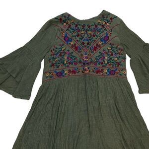 Umgee boho‎ Medium embroidered tunic dress lined army green cottage